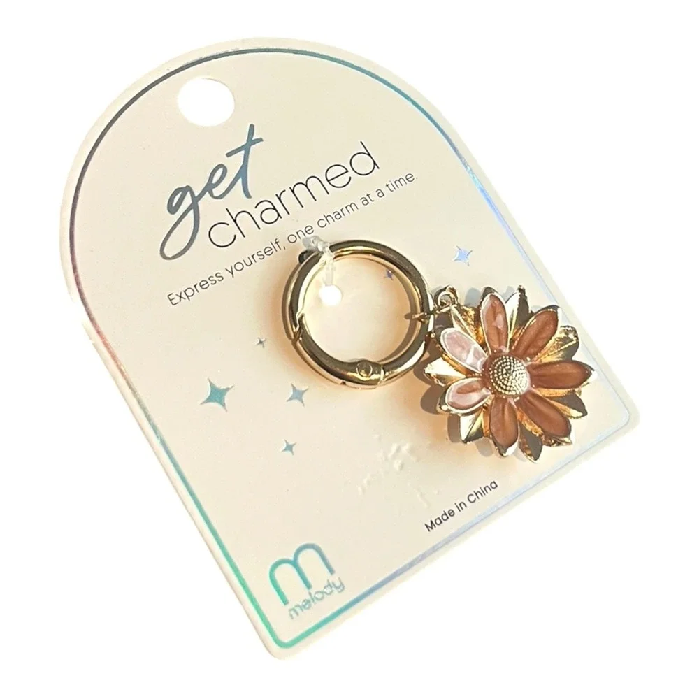Melody Charm Key Ring Women's Gold Peach Daisy Flower Enamel Bag Clip